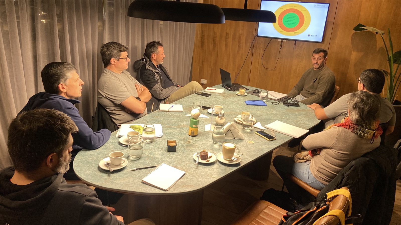 Clase presencial del Club de Trading: alumnos y docente analizando gráficos en una mesa de trabajo